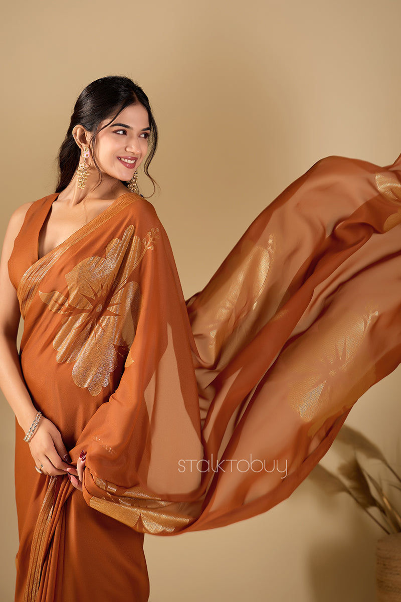 Brown Foil Printed Georgette Saree