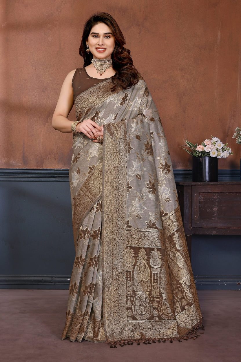 Brown Lotus Cotton Blend Jacquard Zari Saree