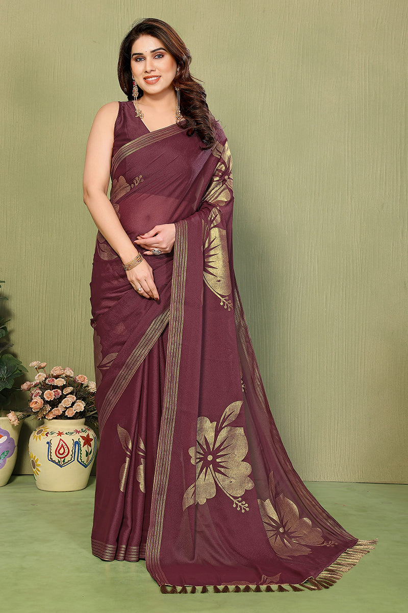 Burgundy Foil Printed Georgette Saree