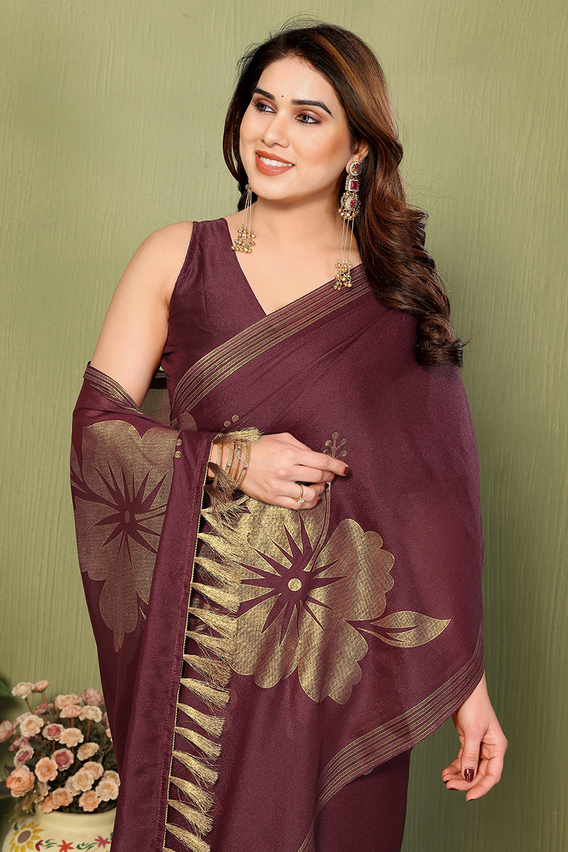Burgundy Foil Printed Georgette Saree