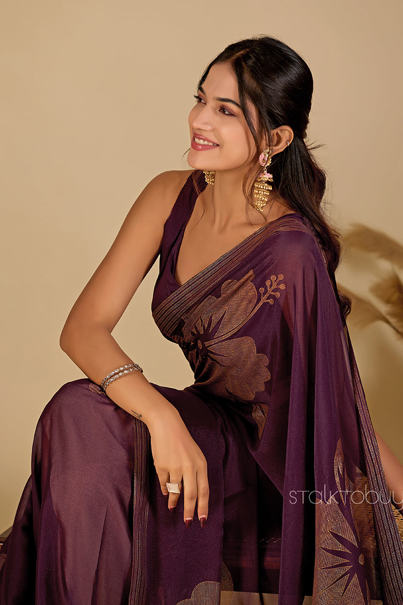 Burgundy Foil Printed Georgette Saree