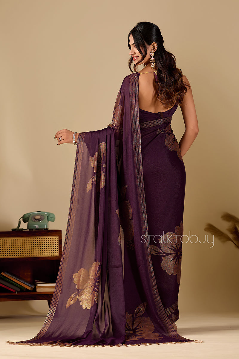 Burgundy Foil Printed Georgette Saree