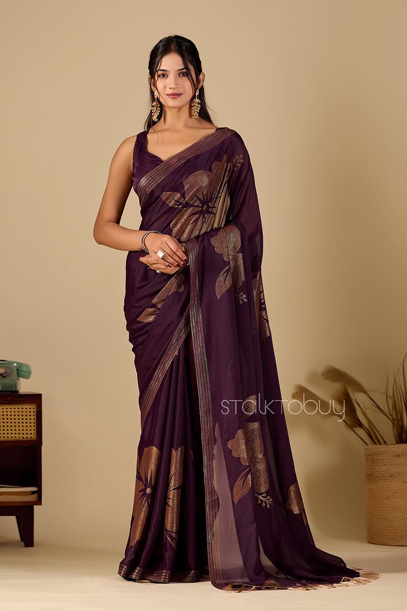 Burgundy Foil Printed Georgette Saree