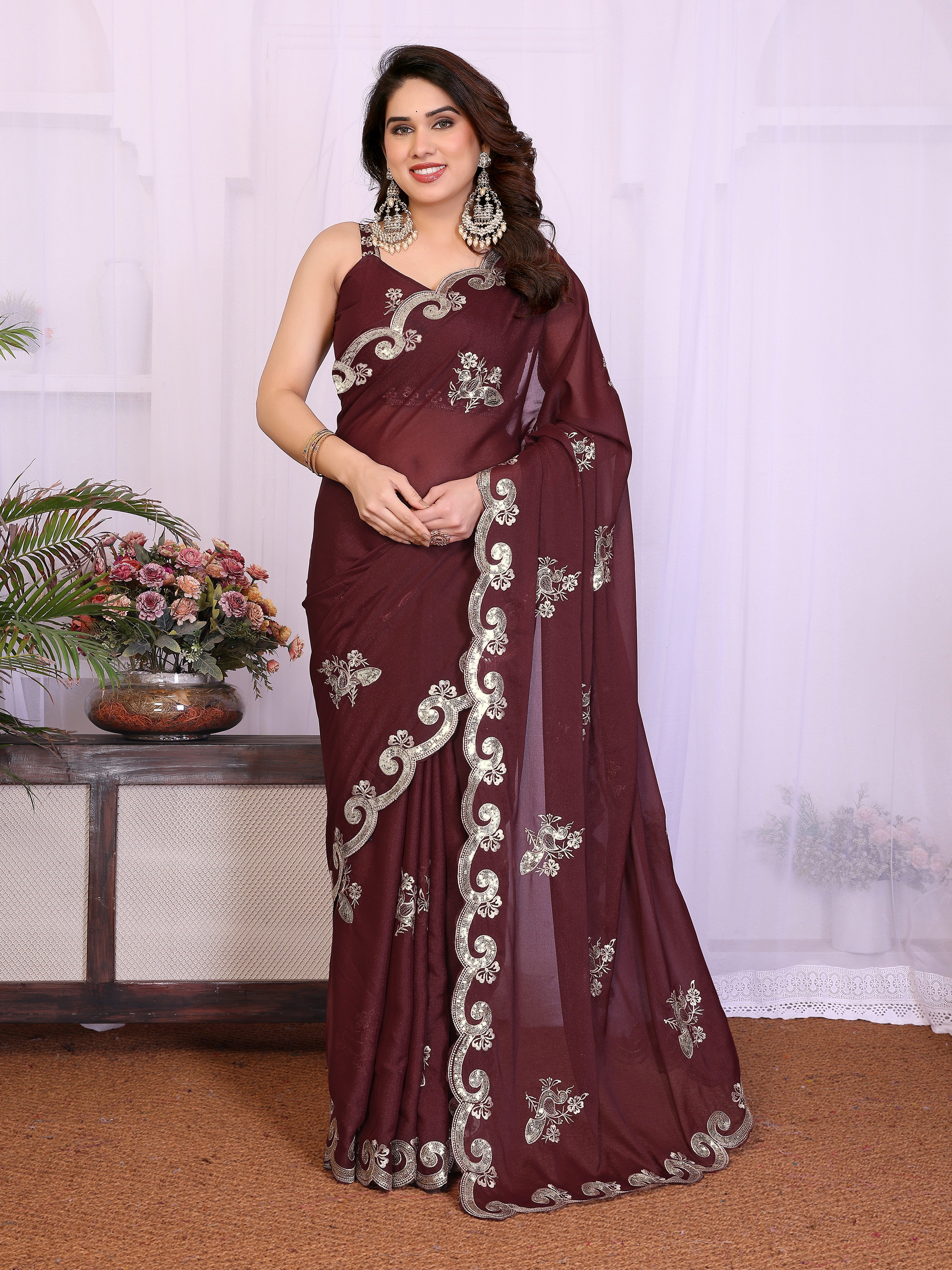 Purple Star Georgette Embroidered Saree