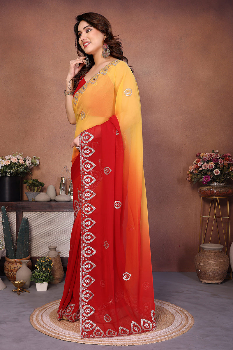 Red Georgette Embroidered Saree