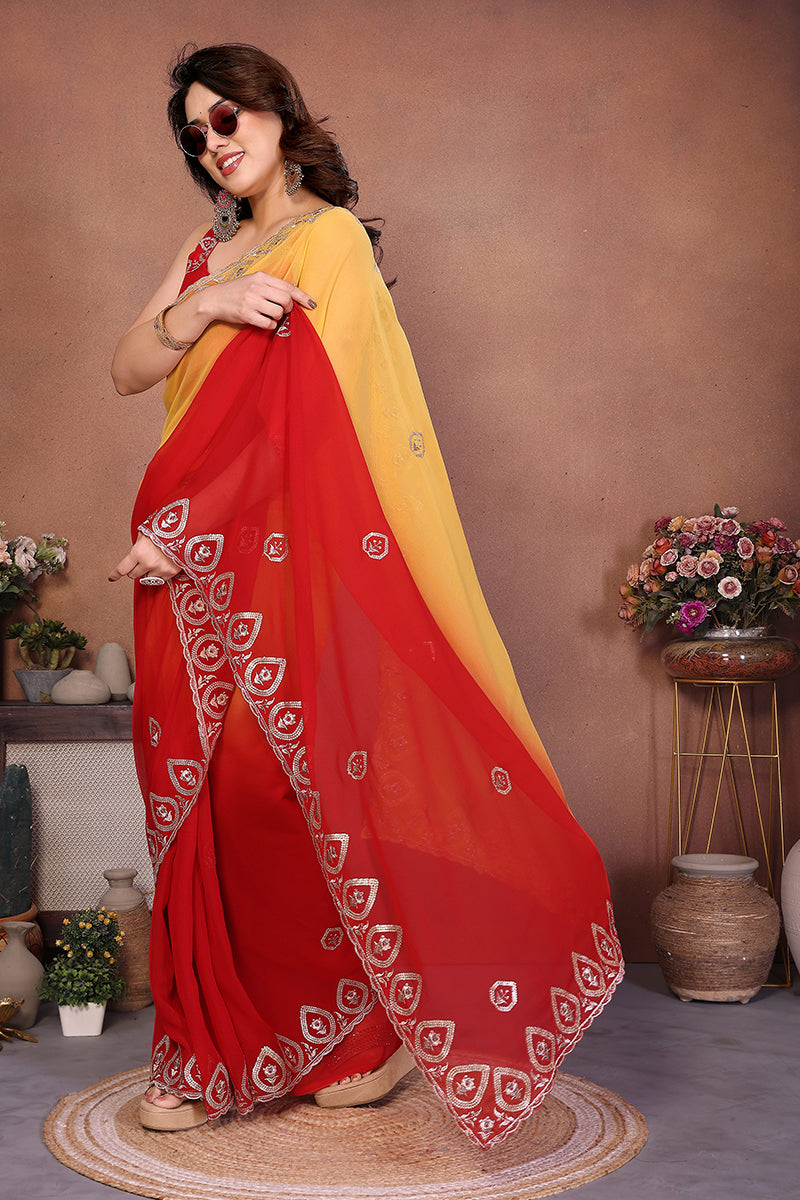 Red Georgette Embroidered Saree