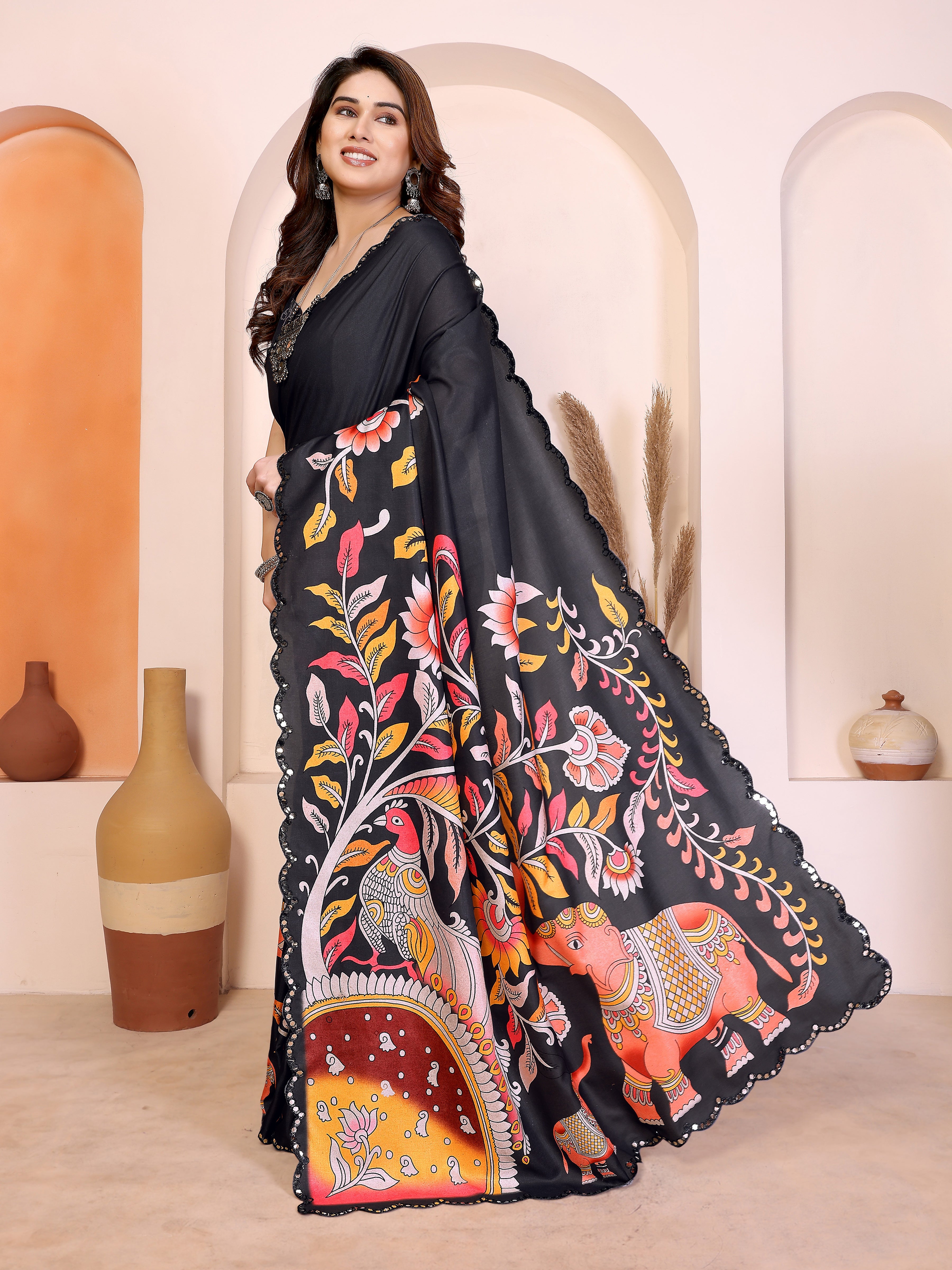 Black Kalamkari Printed Saree
