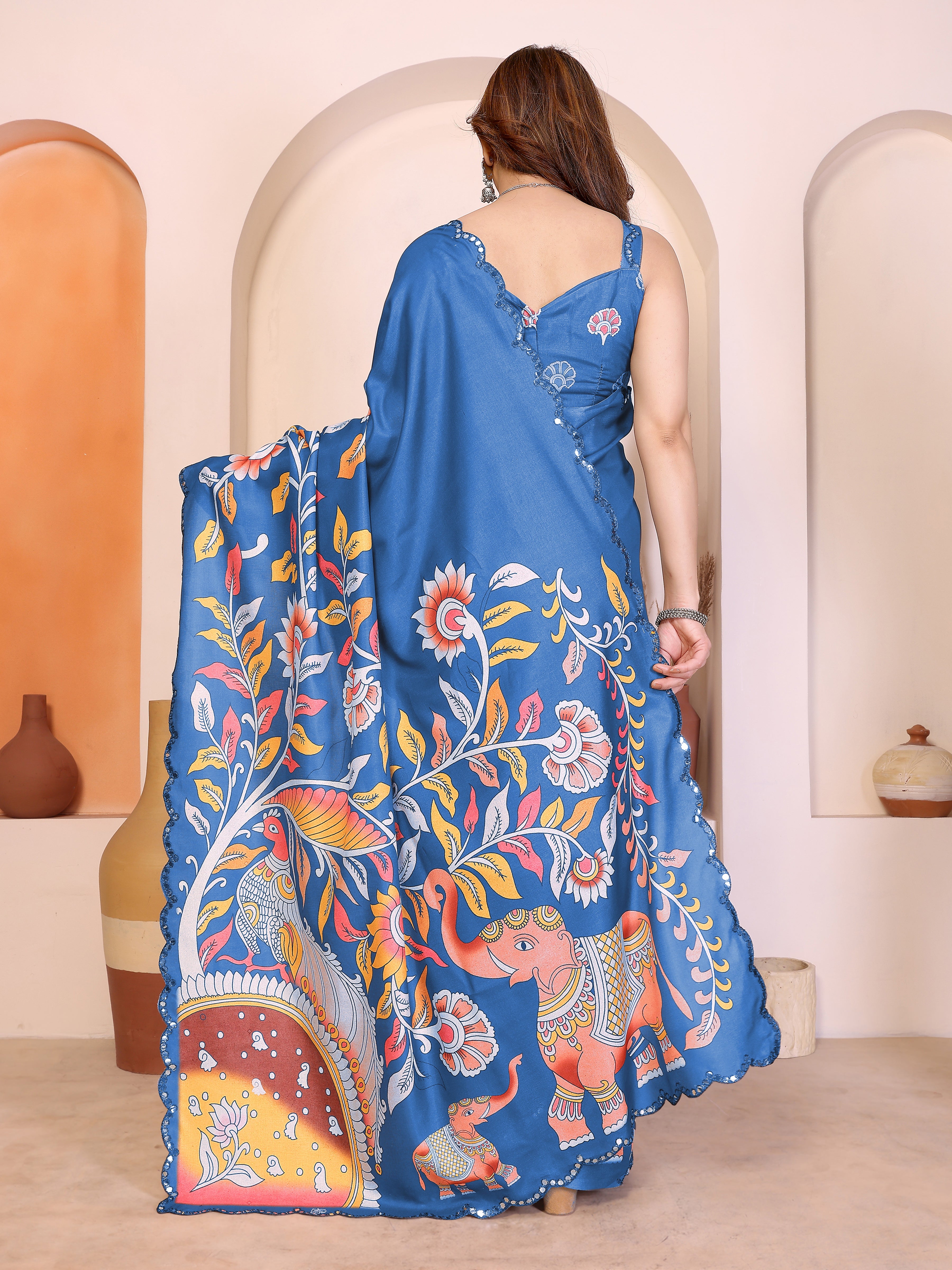 Blue Kalamkari Printed Saree