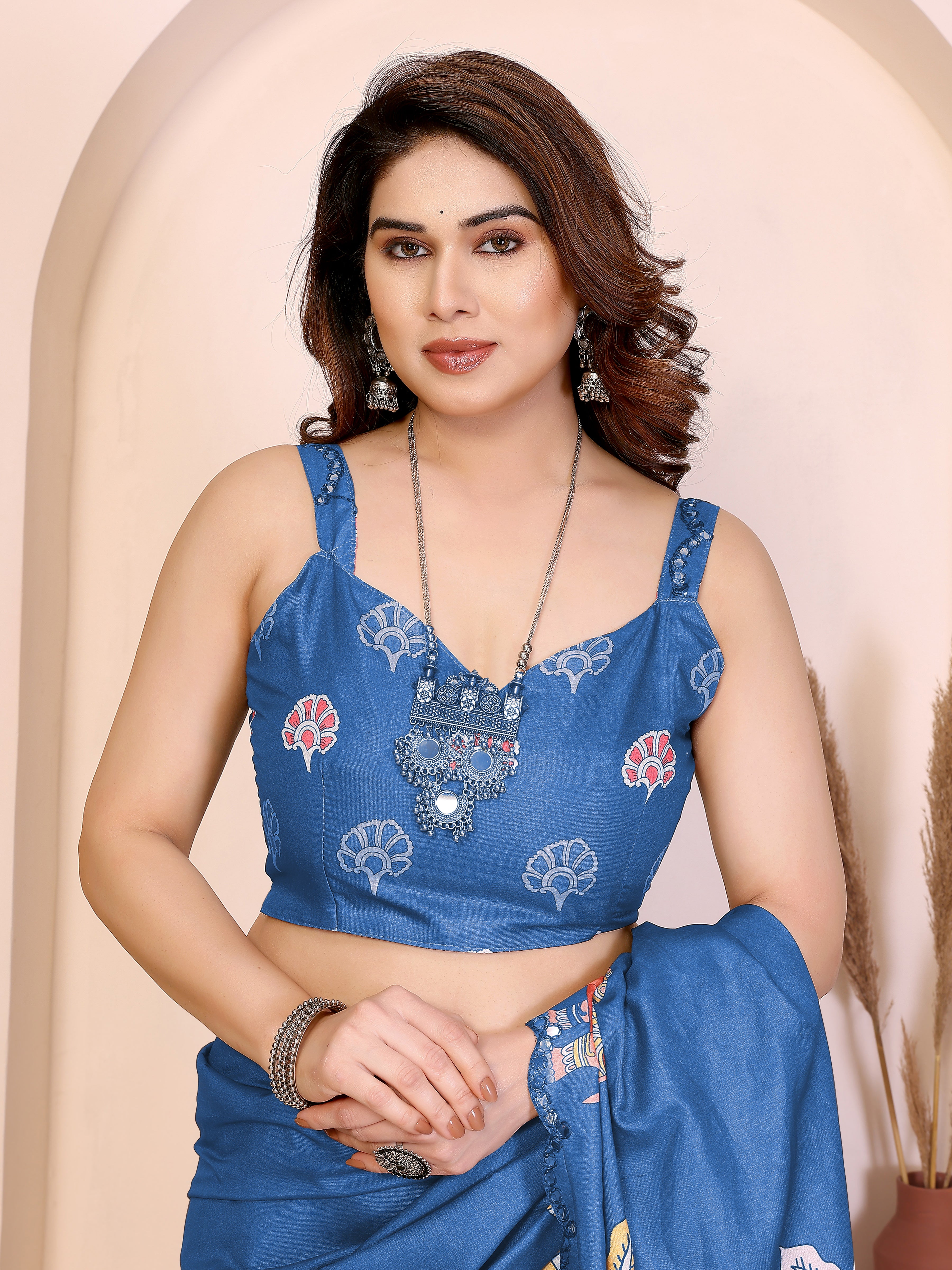 Blue Kalamkari Printed Saree