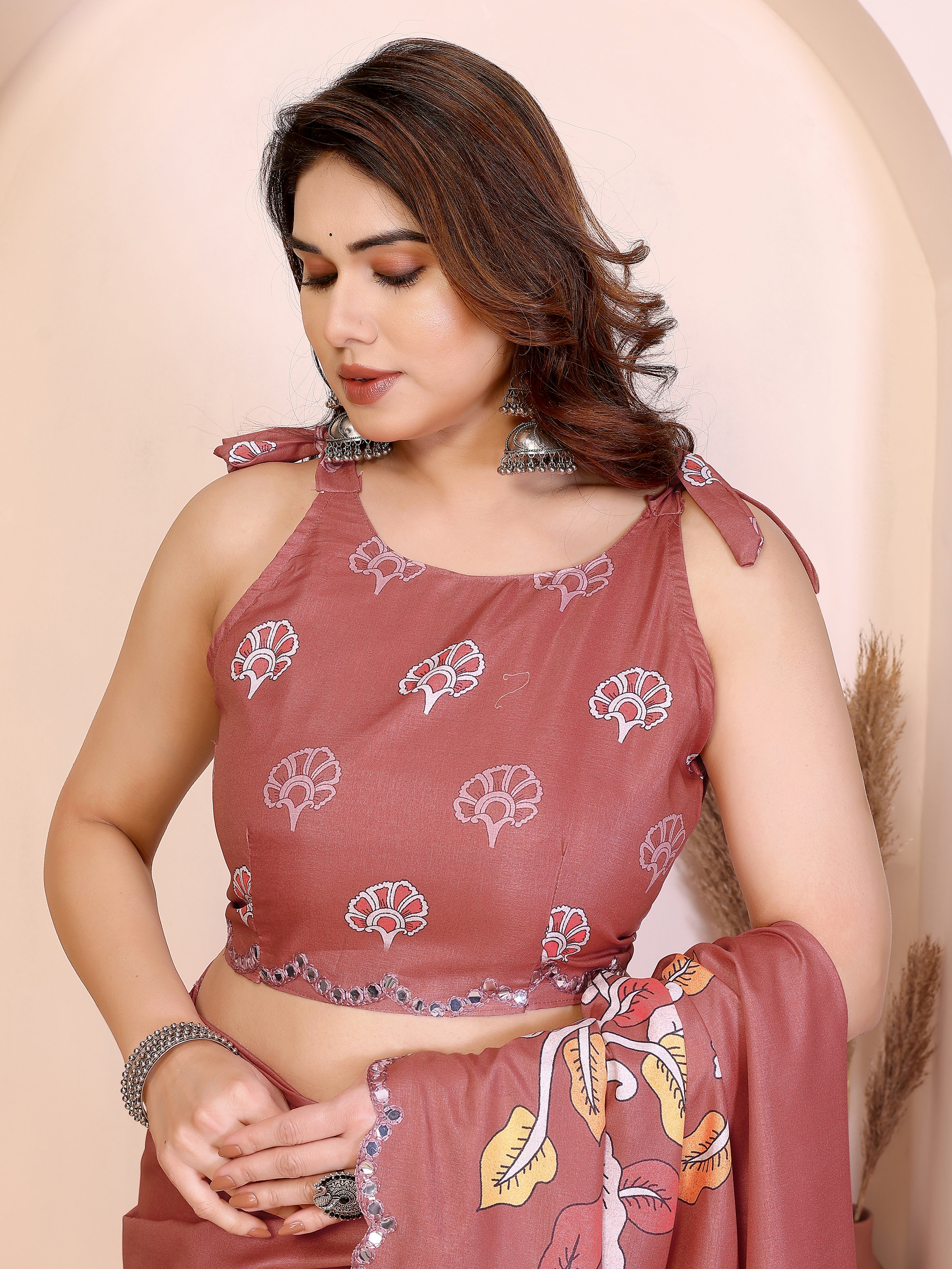 Rust Kalamkari Printed Saree