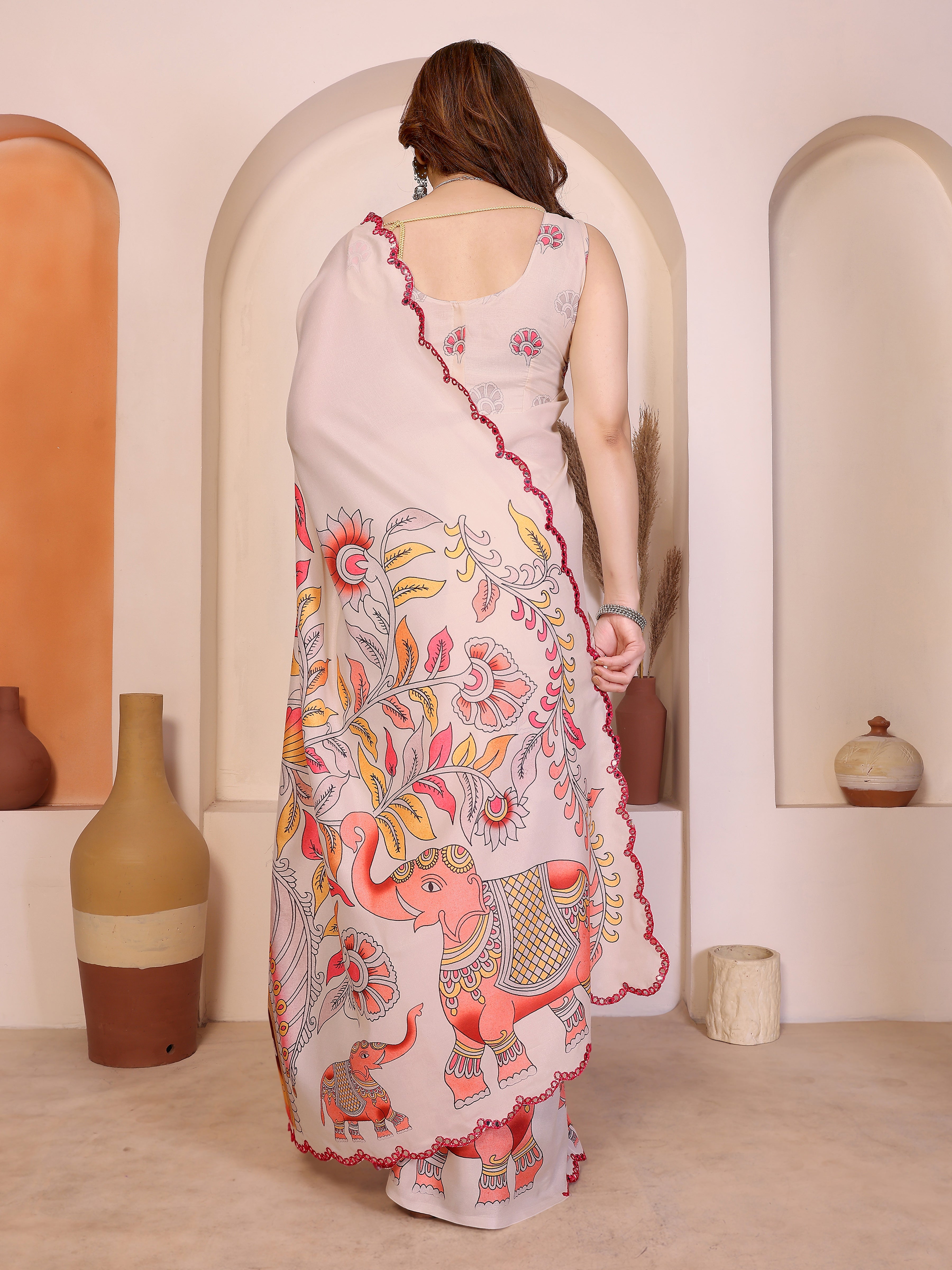 Cream Kalamkari Printed Saree