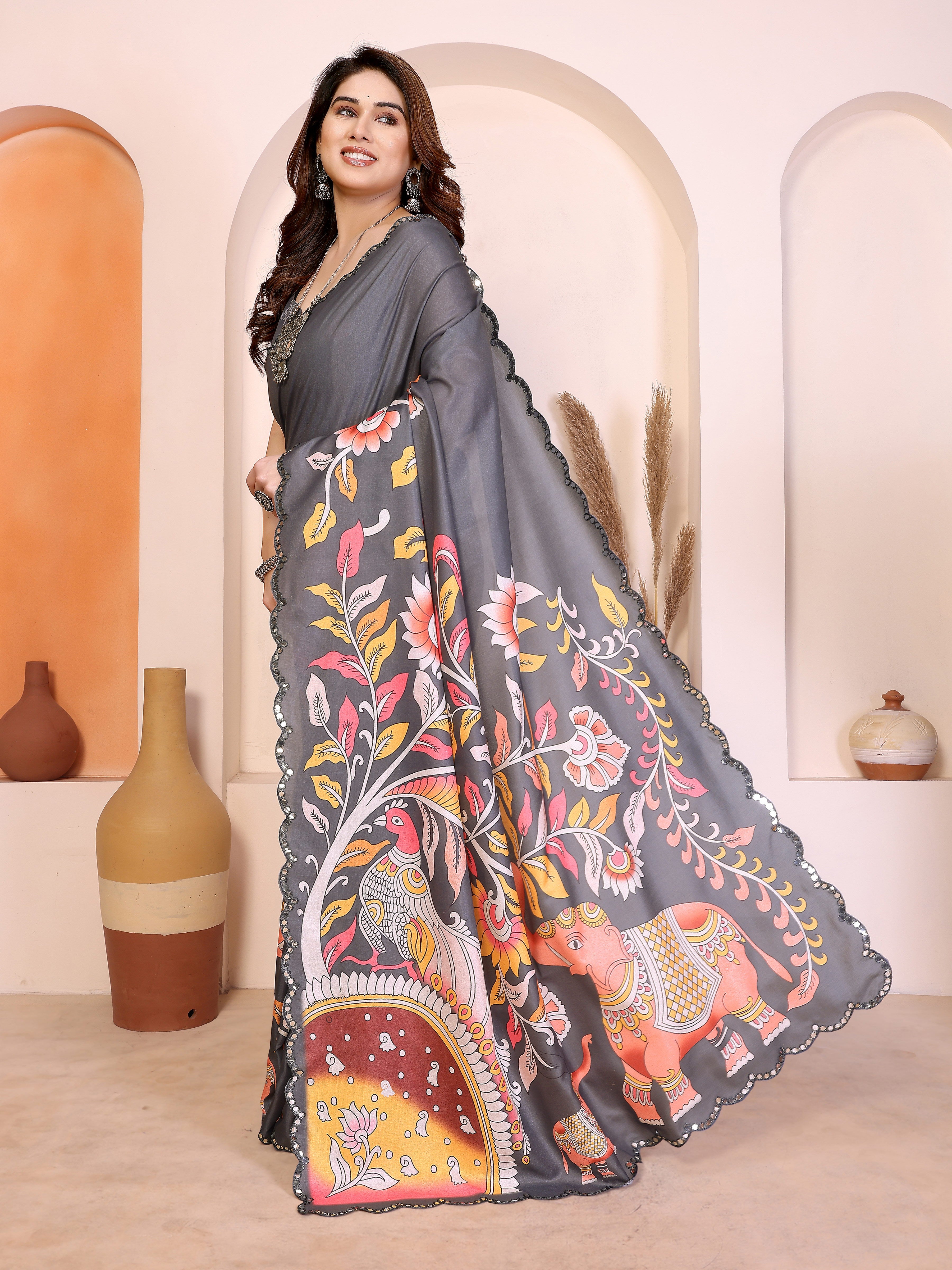 Grey Kalamkari Printed Saree
