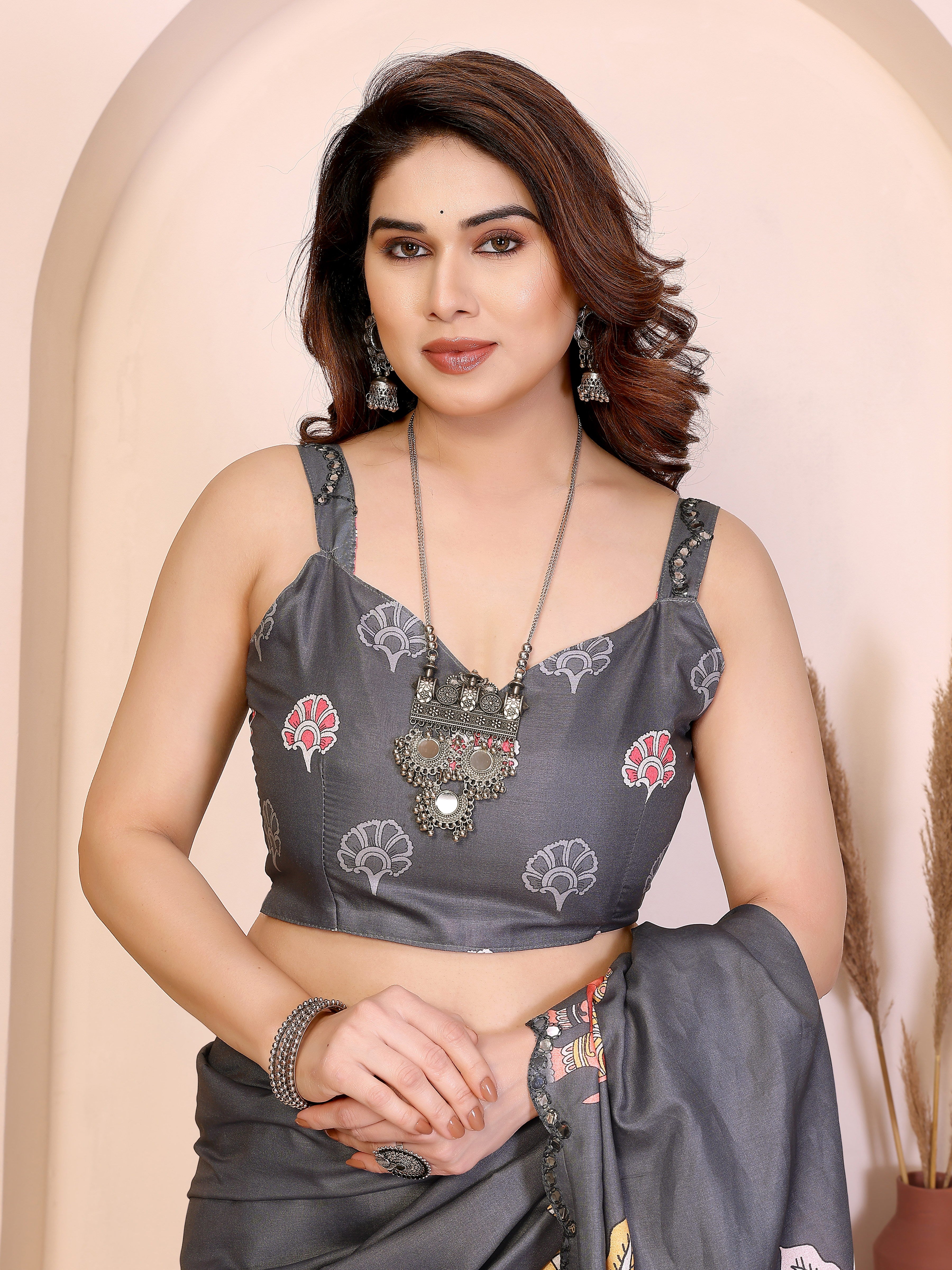 Grey Kalamkari Printed Saree
