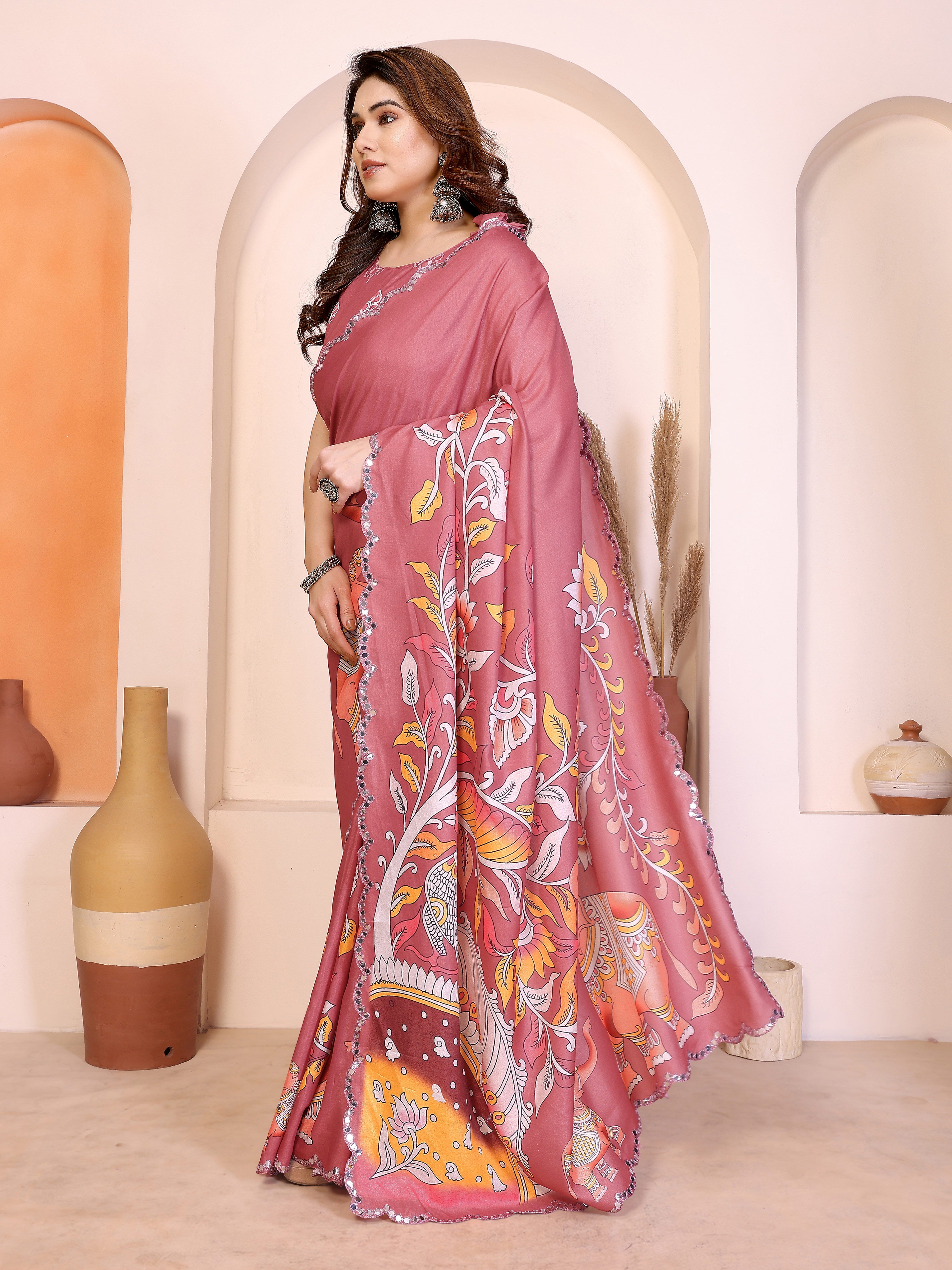 Peach Kalamkari Printed Saree