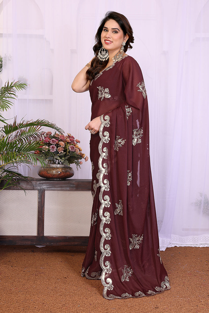 Purple Star Georgette Embroidered Saree