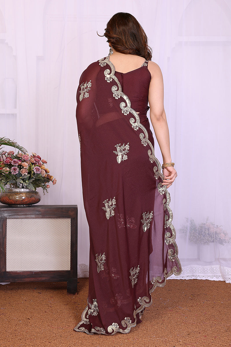 Purple Star Georgette Embroidered Saree