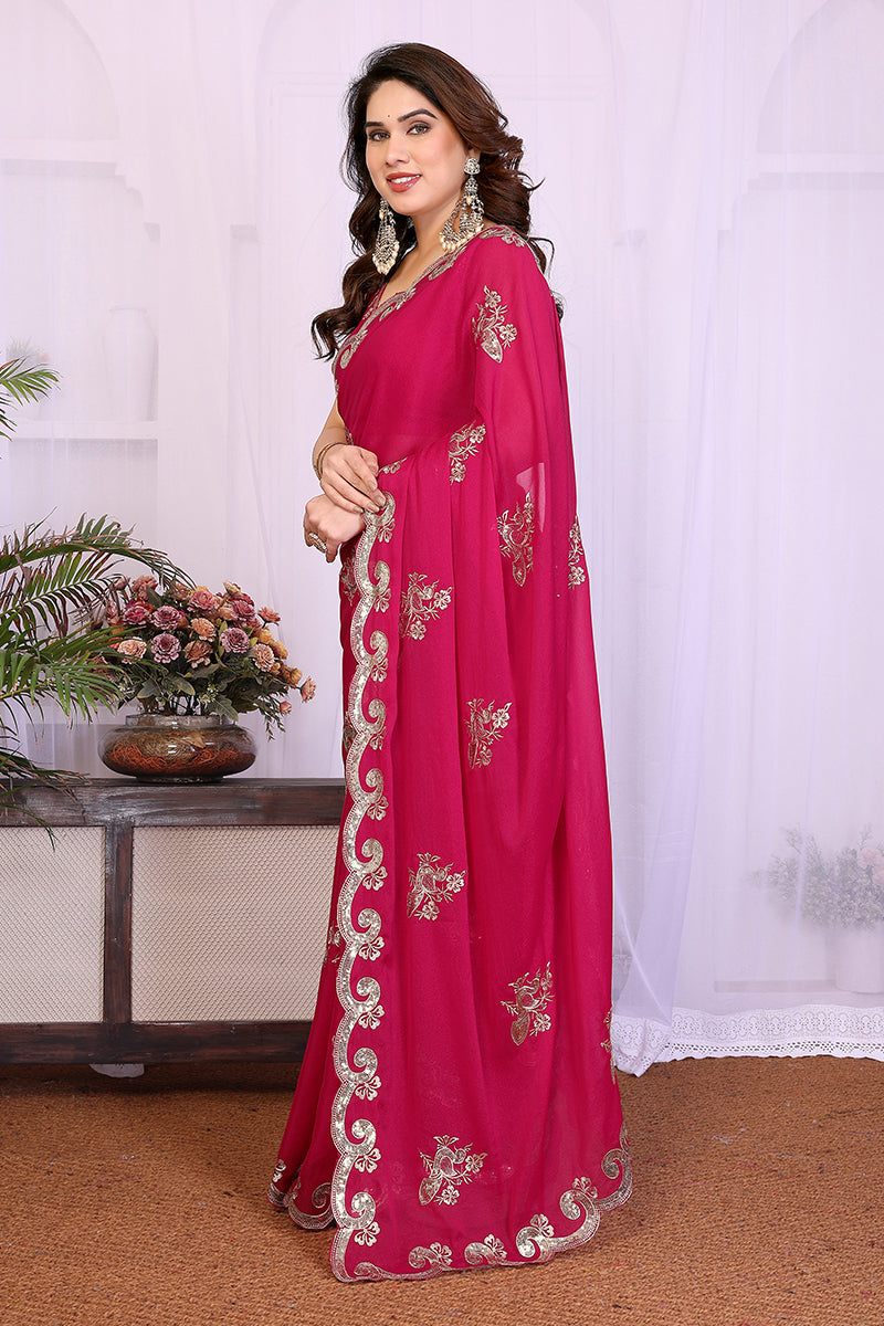 Pink Star Georgette Embroidered Saree