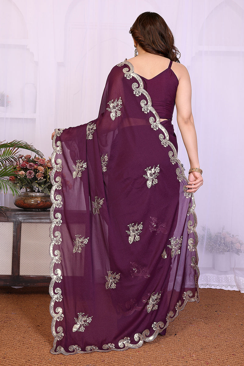 Wine Star Georgette Embroidered Saree