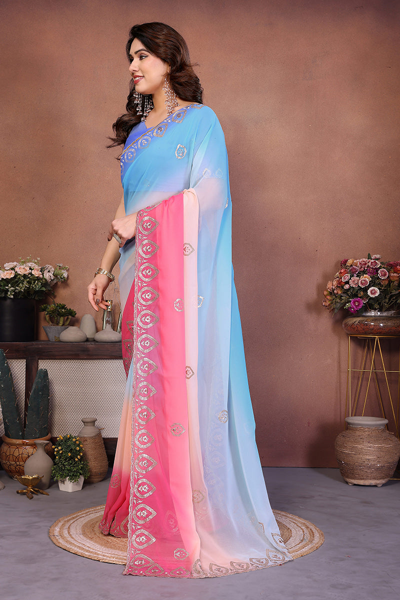 Sky Georgette Embroidered Saree