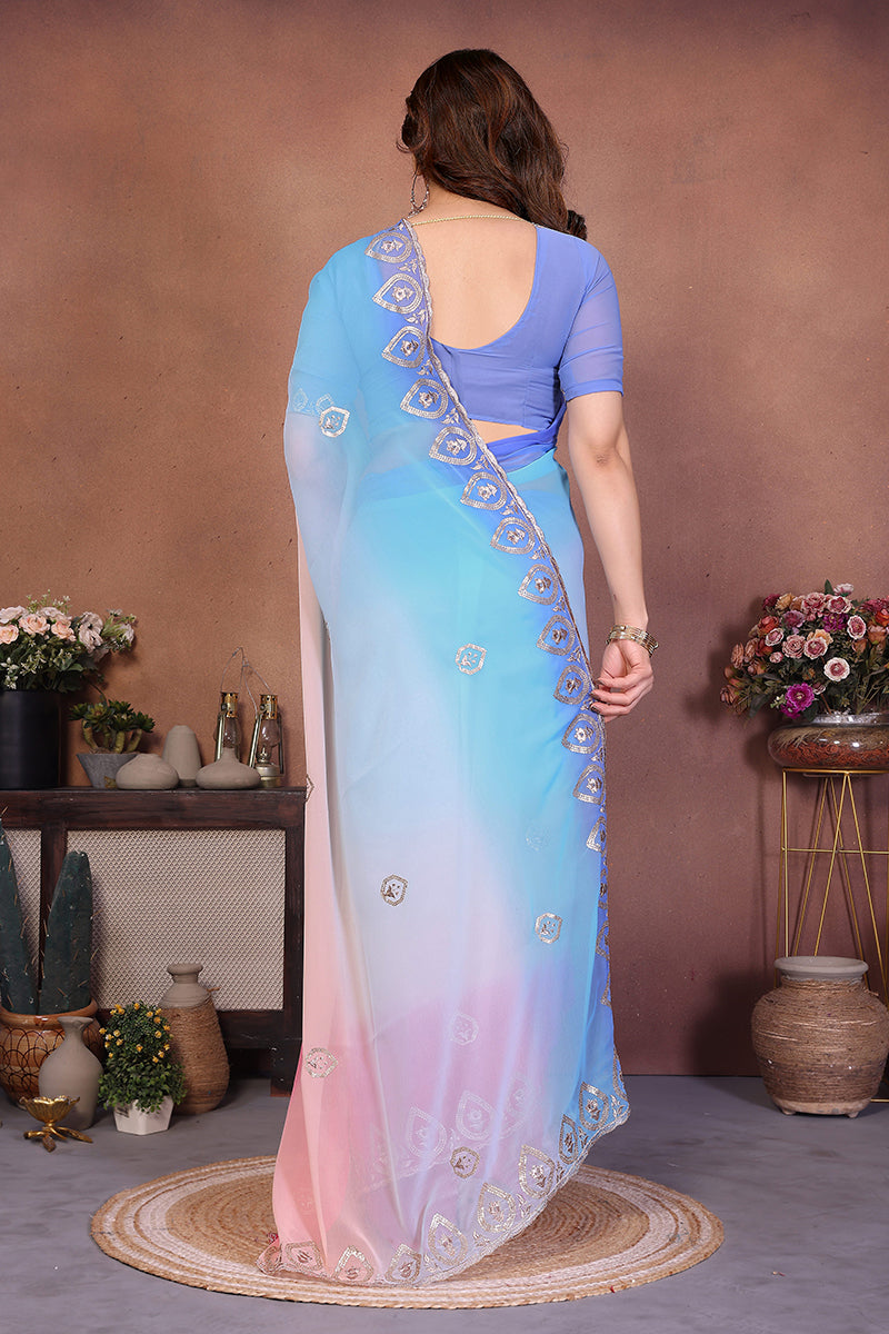 Sky Georgette Embroidered Saree