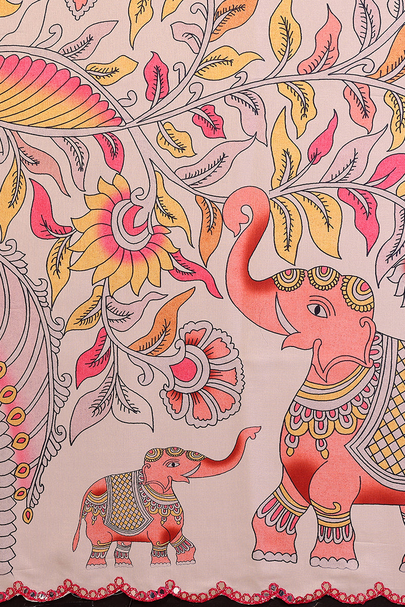Cream Kalamkari Printed Saree