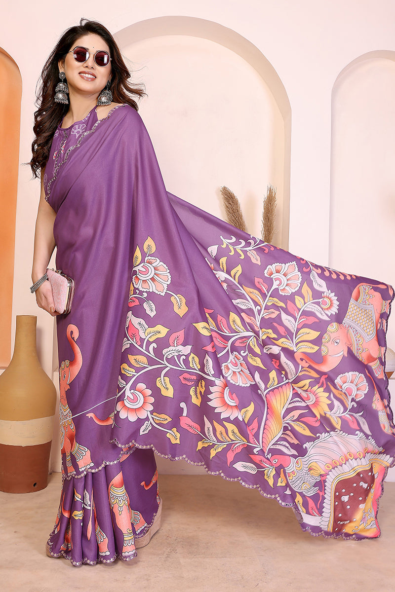 Dark Purple Kalamkari Printed Saree