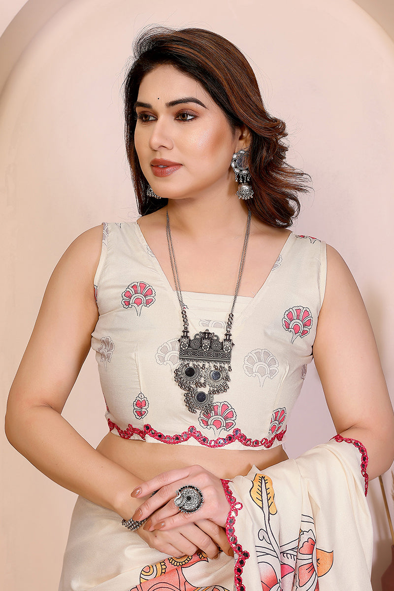 White Kalamkari Printed Saree