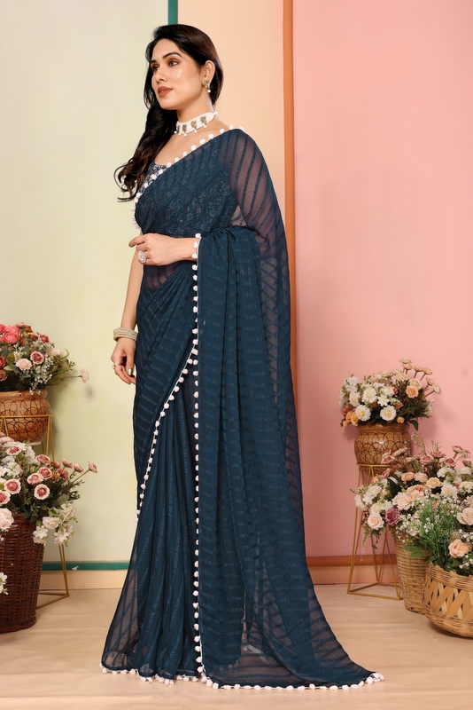 Navy Striped Georgette Saree