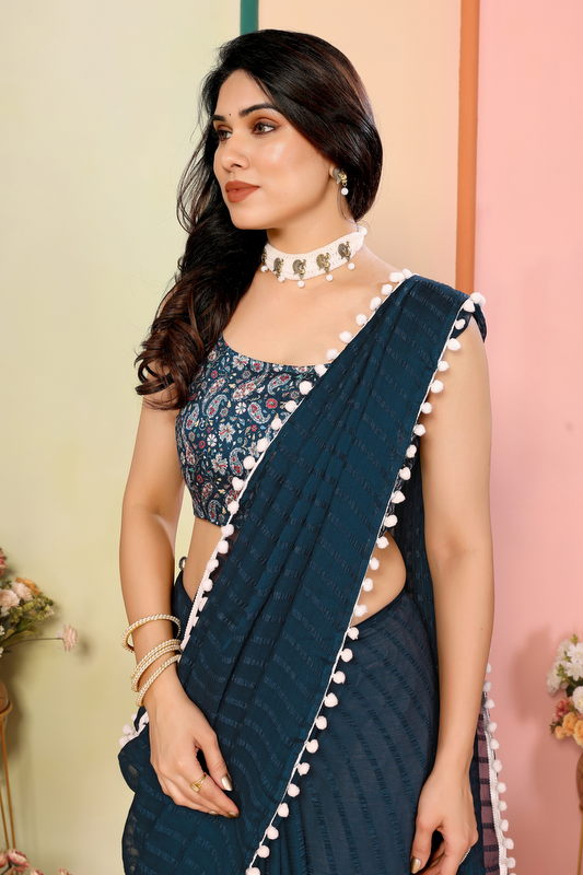 Navy Striped Georgette Saree