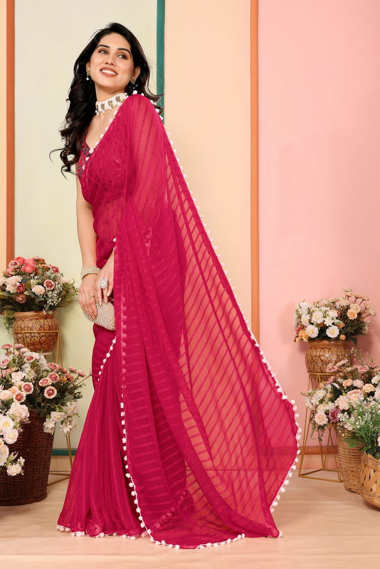 Pink Striped Georgette Saree