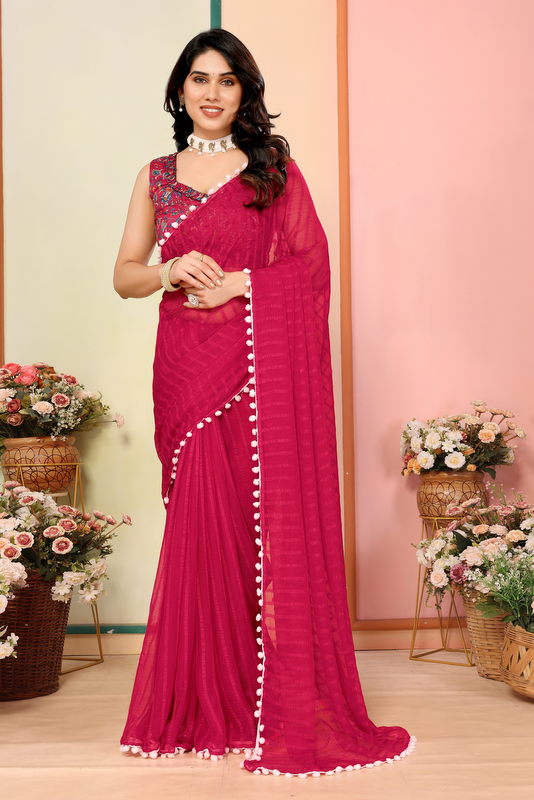 Pink Striped Georgette Saree