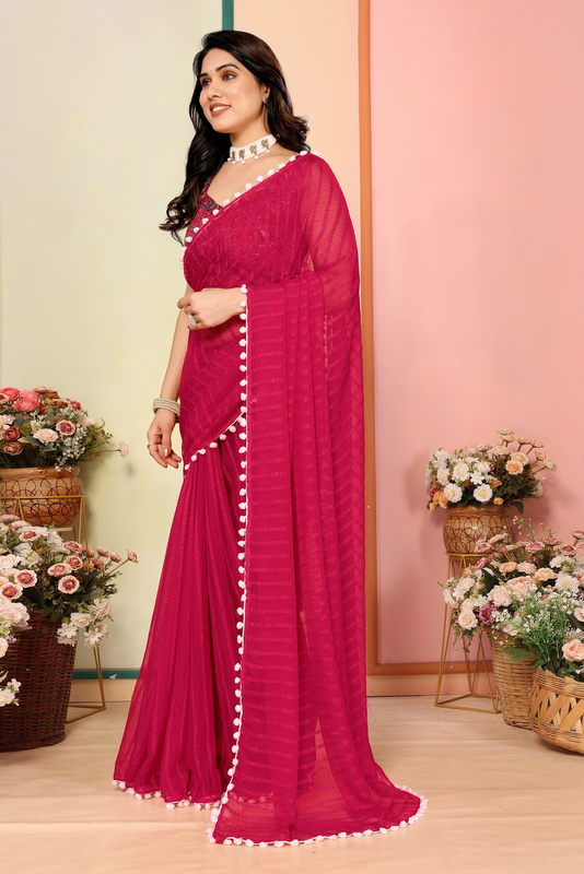 Pink Striped Georgette Saree