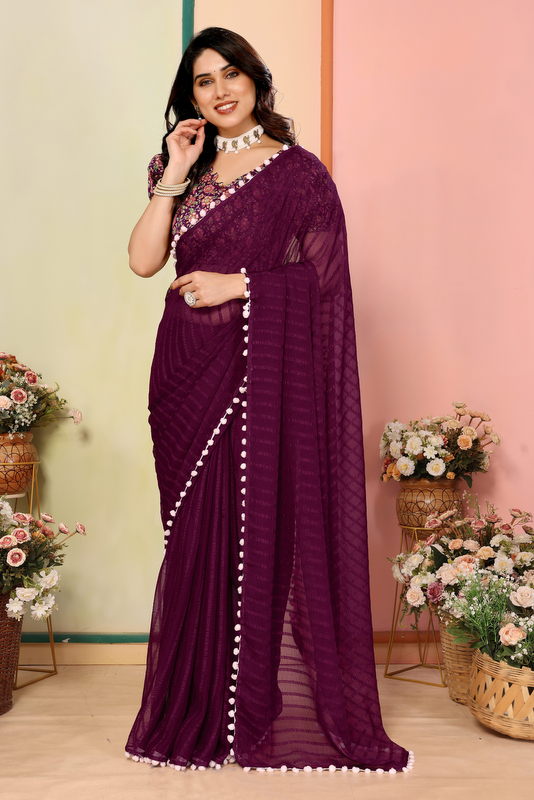 Purple Striped Georgette Saree