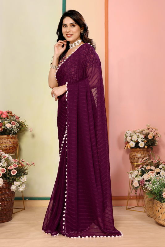Purple Striped Georgette Saree