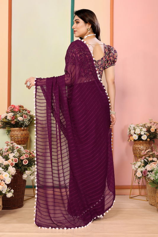 Purple Striped Georgette Saree