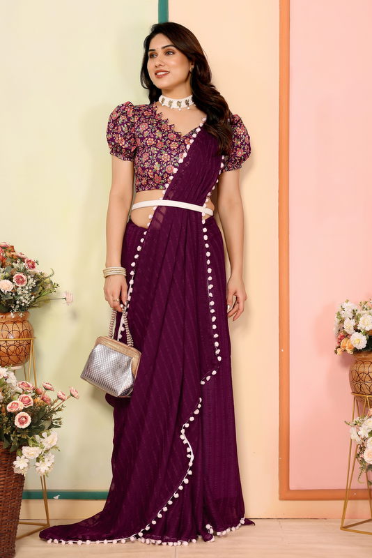 Purple Striped Georgette Saree