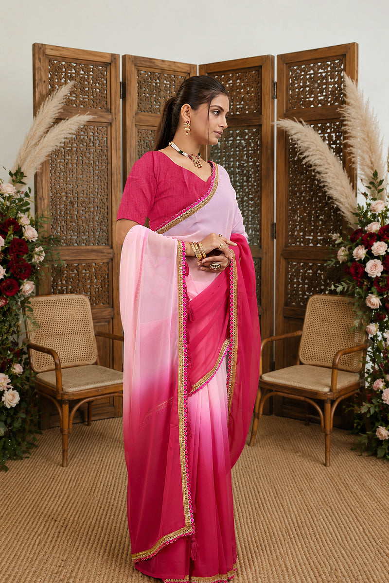 Dark Pink Toned Georgette Saree