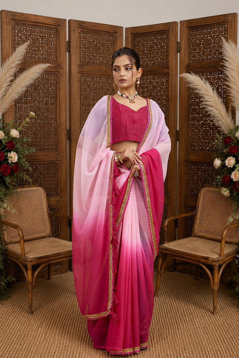 Dark Pink Toned Georgette Saree