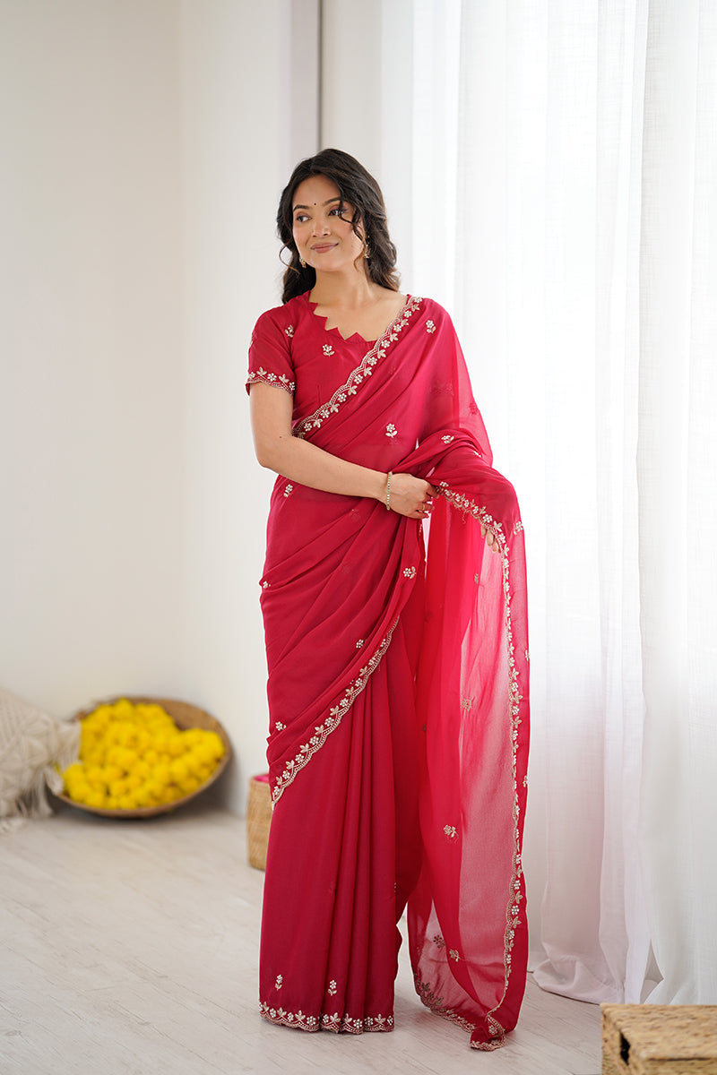 Dark Pink Embroidered Georgette Lace Saree
