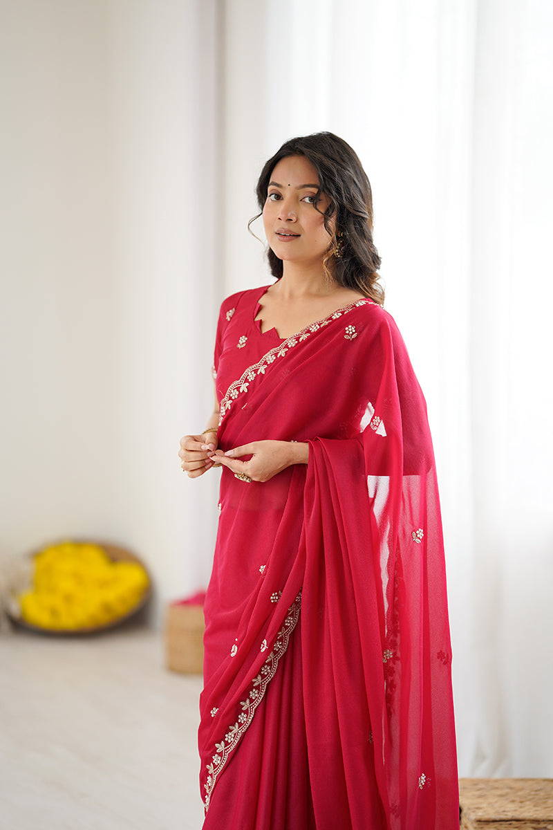 Dark Pink Embroidered Georgette Lace Saree