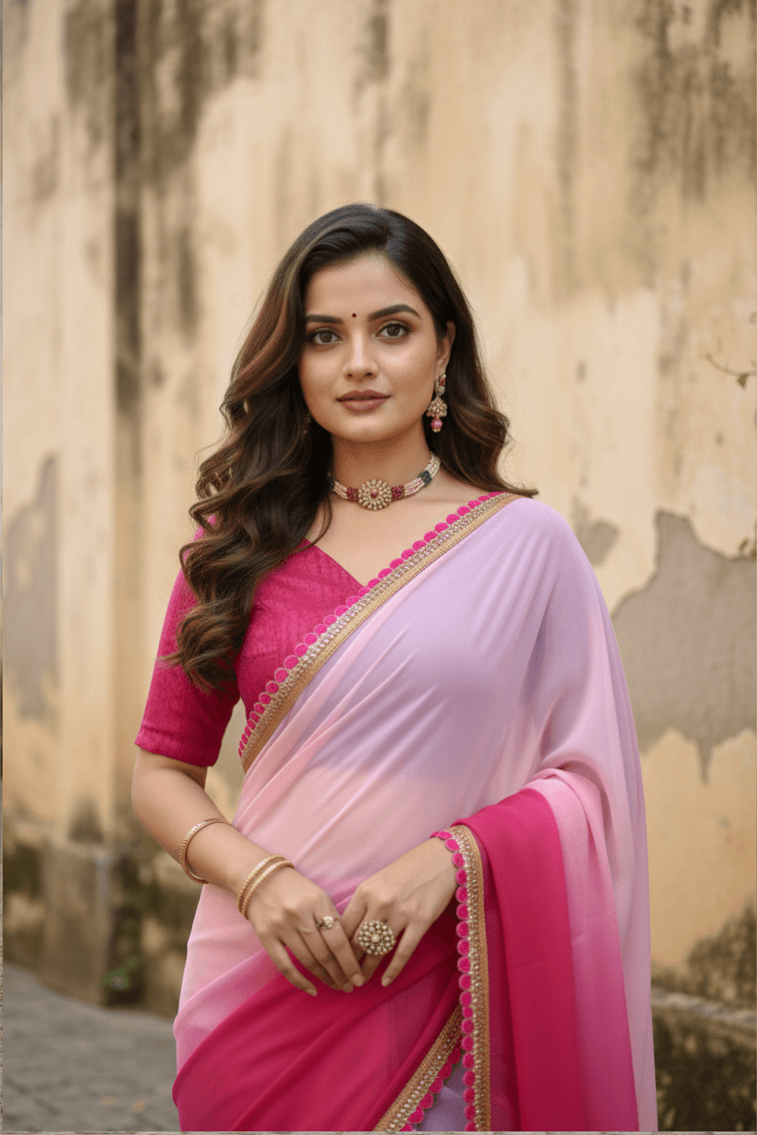 Dark Pink Toned Georgette Saree
