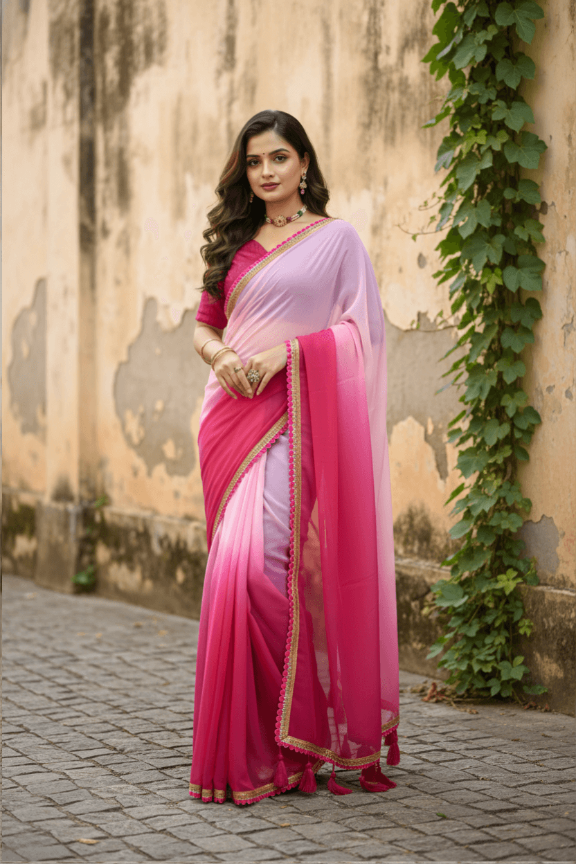 Dark Pink Toned Georgette Saree