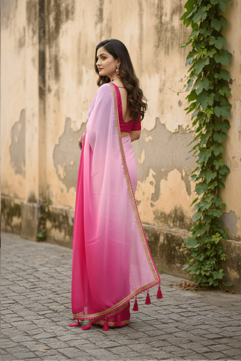 Dark Pink Toned Georgette Saree