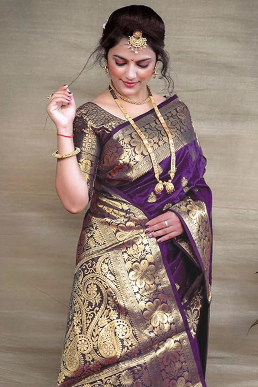Wine Woven Silk Blend Saree