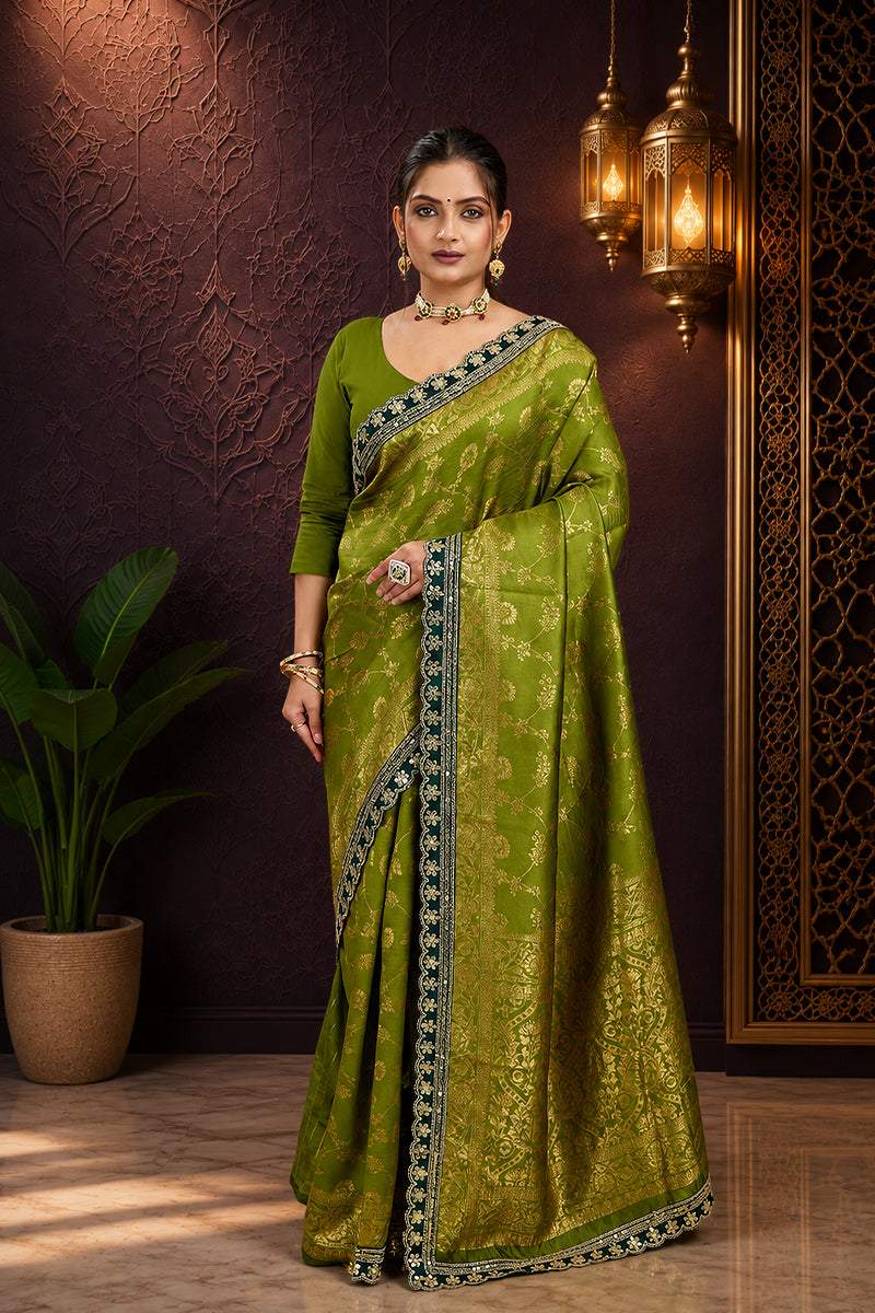 Olive Green Sequence Lace Work Kanjivaram Saree