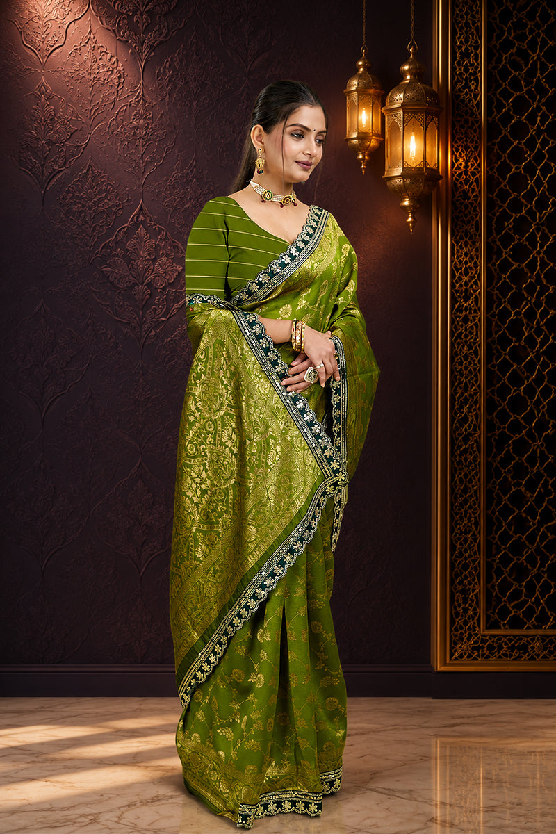 Olive Green Sequence Lace Work Kanjivaram Saree