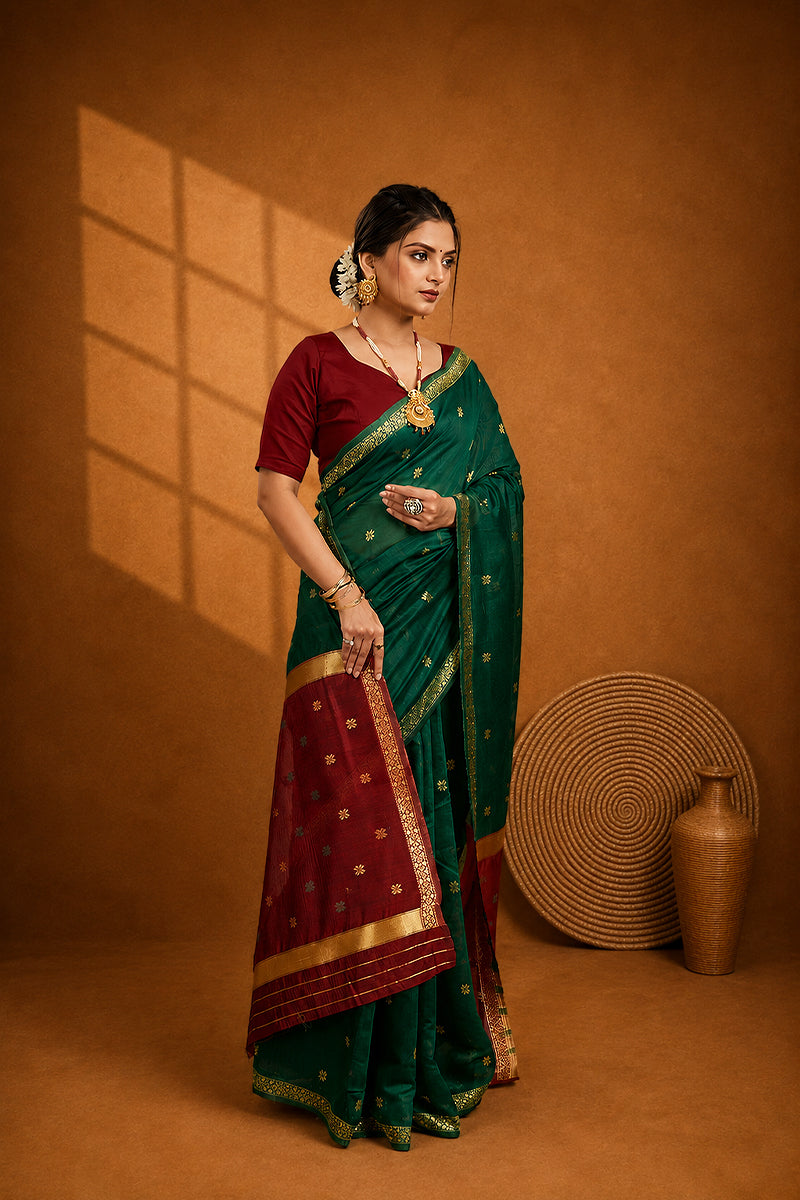 Dark Green Toned Cotton Silk Saree