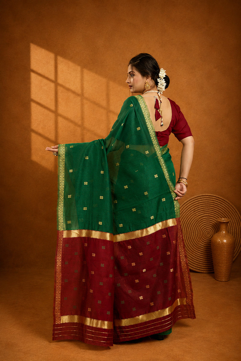 Dark Green Toned Cotton Silk Saree