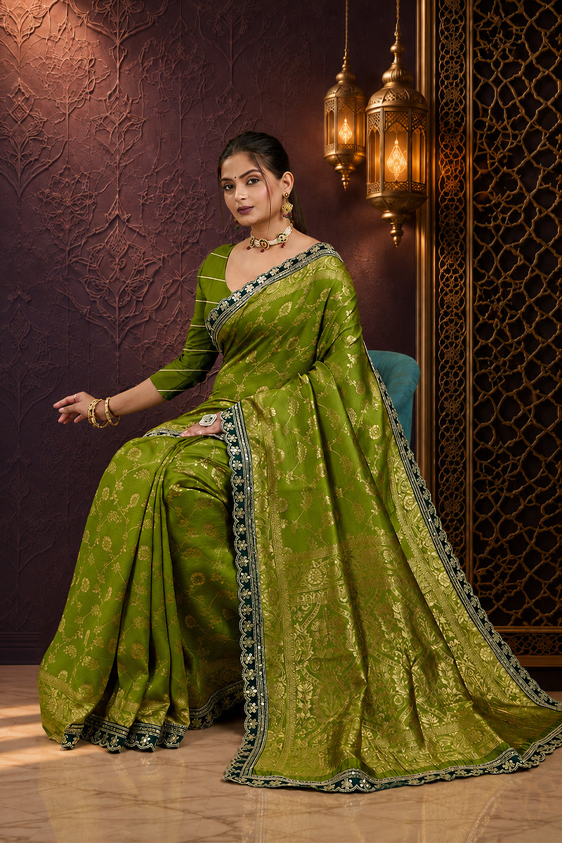 Olive Green Sequence Lace Work Kanjivaram Saree