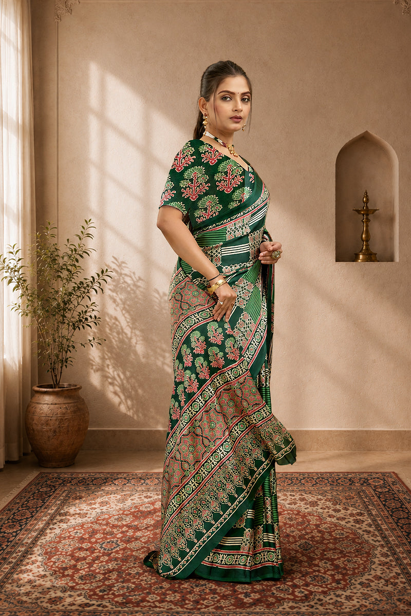 Green Ajrakh Semi Gaji Silk Saree